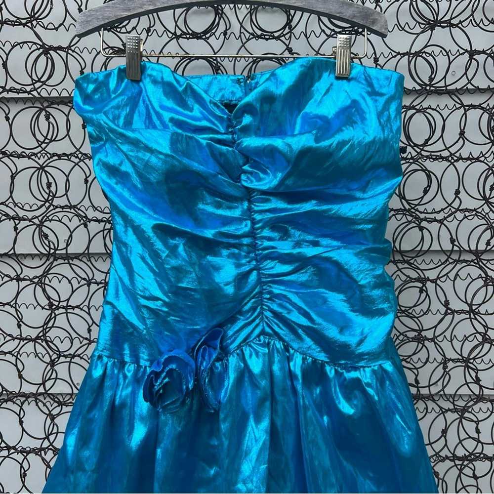 Vintage 80s blue metallic ruched bodice strapless… - image 2