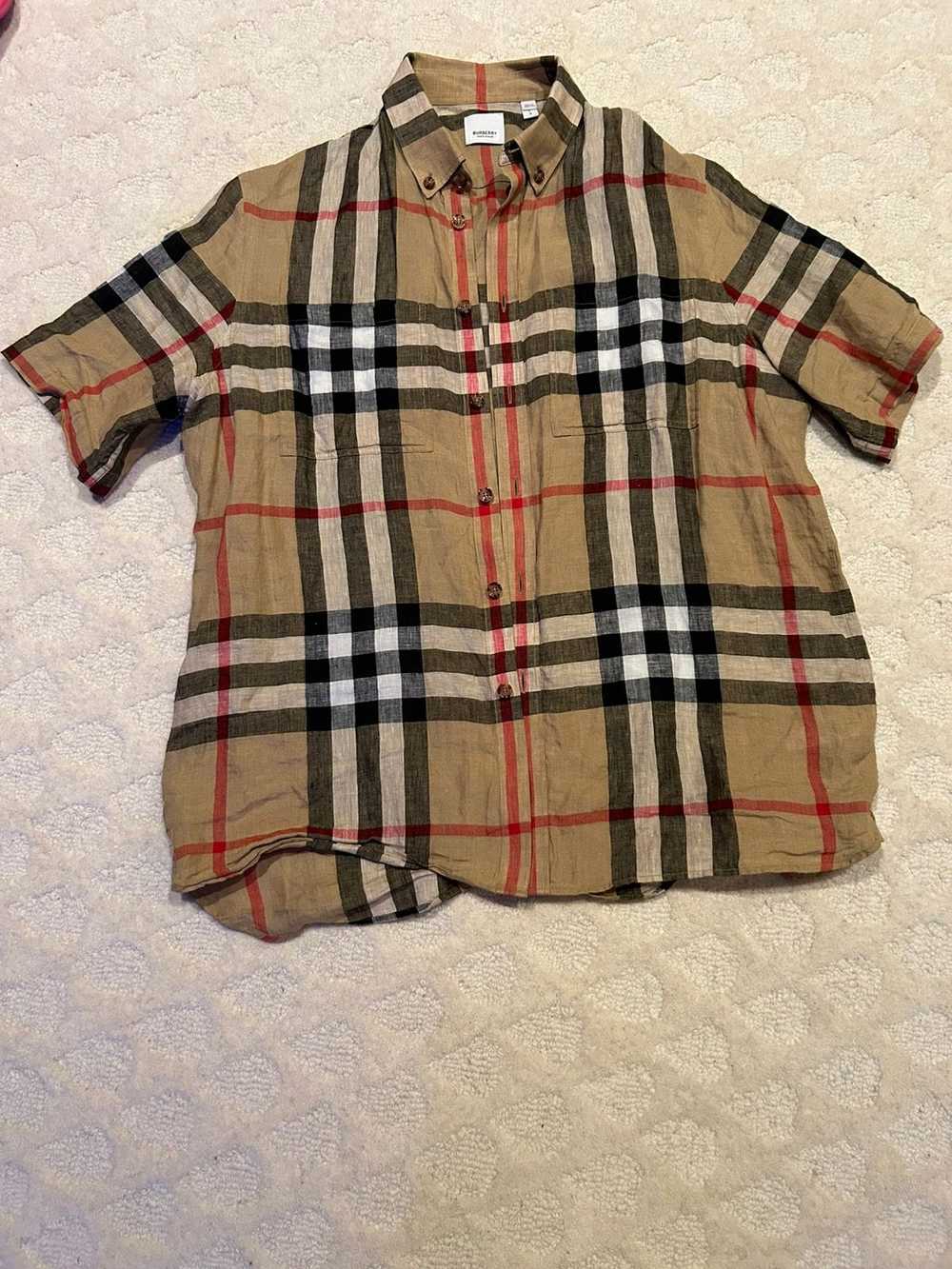 Burberry Short-Sleeve Check Linen Button Up Shirt - image 1