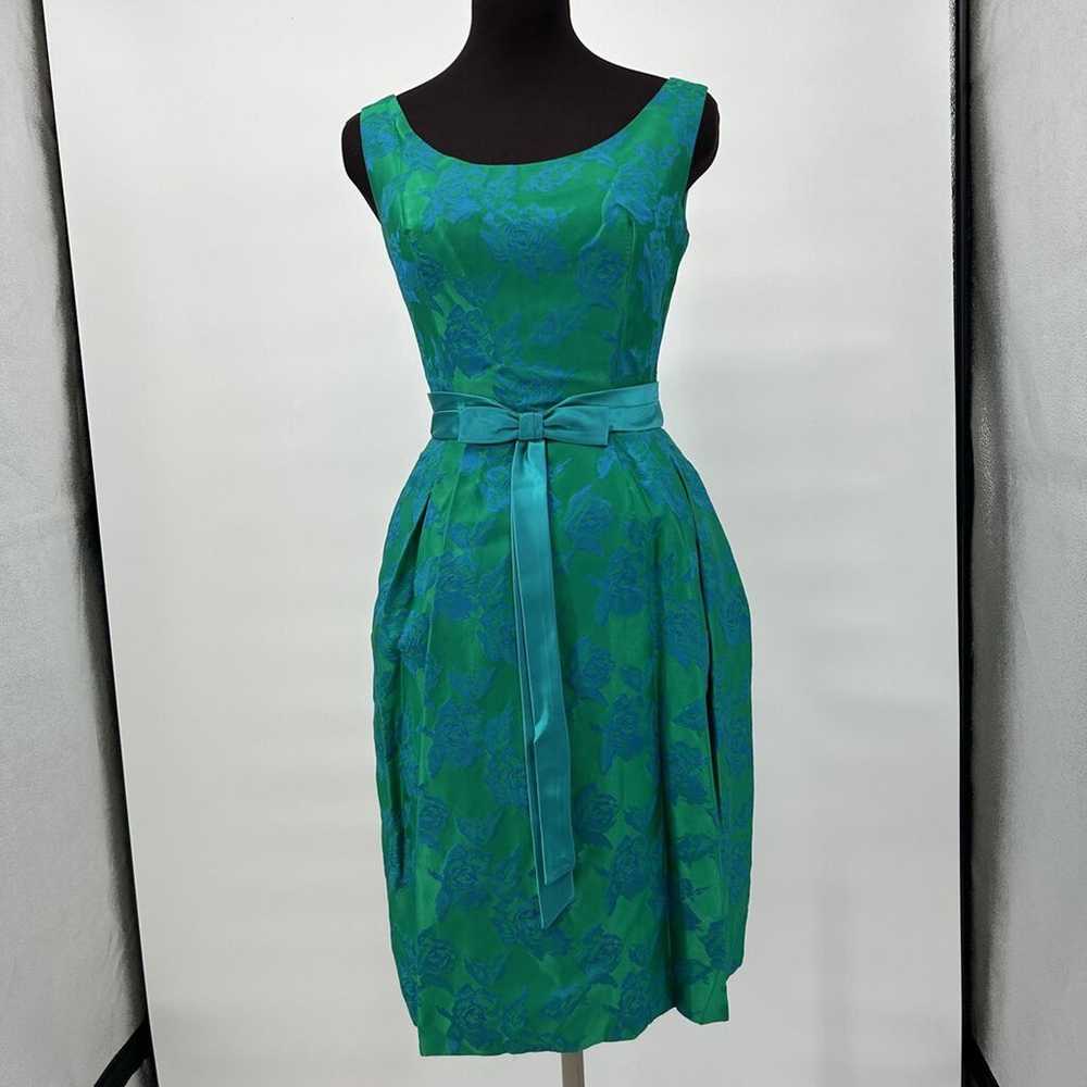 1950's Vintage Brocade Party Dress Green Blue Ros… - image 1