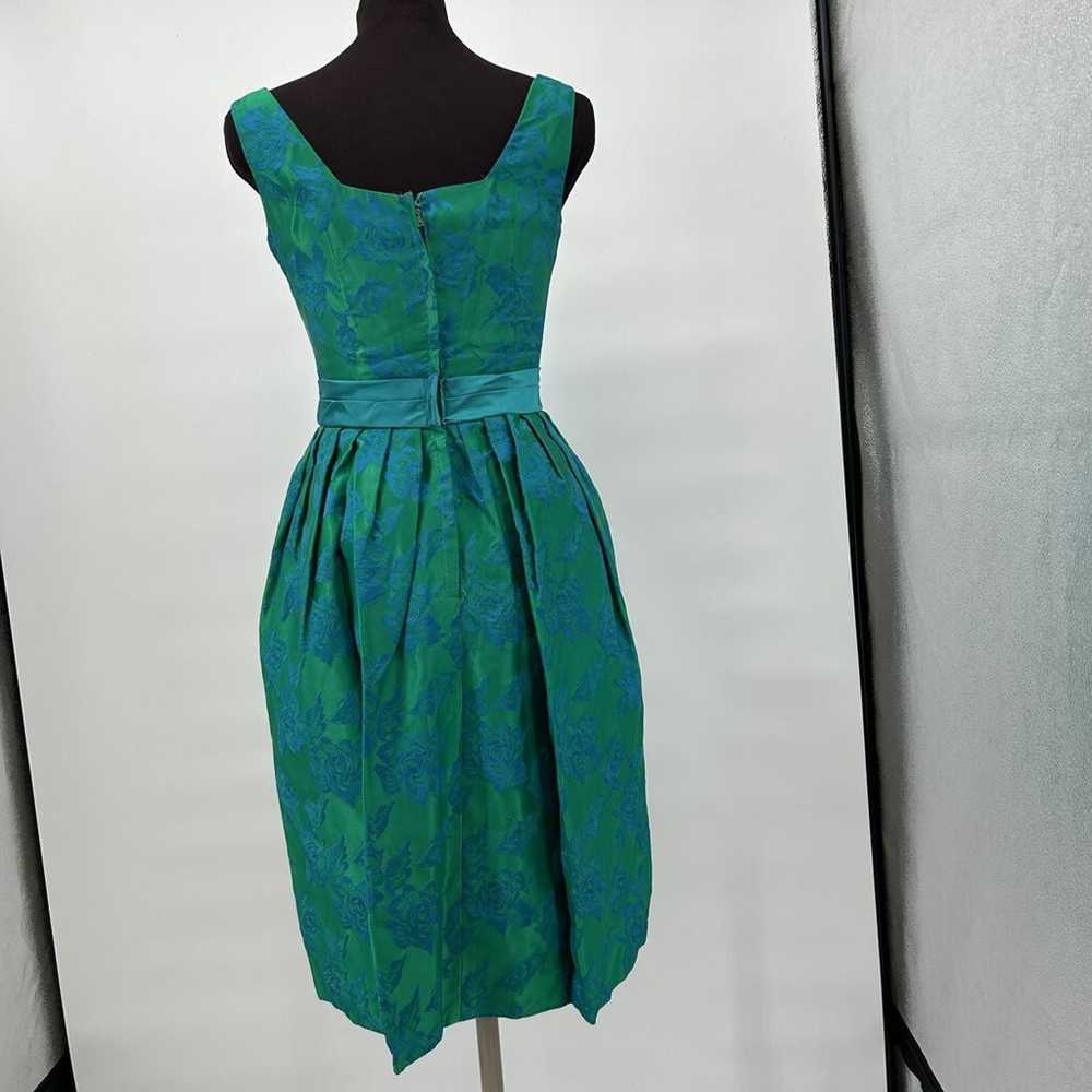 1950's Vintage Brocade Party Dress Green Blue Ros… - image 3