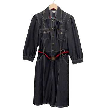 Cache Y2K Denim Belted Pleated Flare Shirt Dress