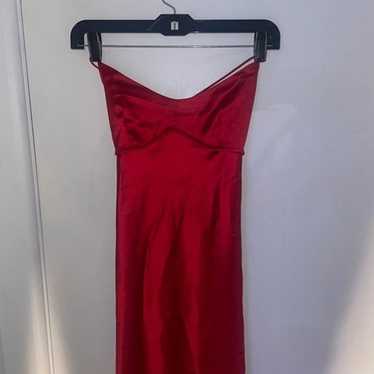 red silk open back prom dress