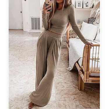 Two Piece Ribbed Knit Crop Top & Loose Wide Leg P… - image 1