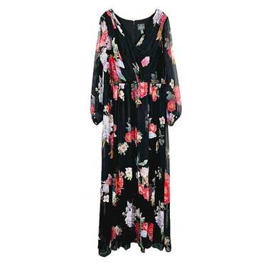 Adrianna Papell Floral Chiffon Gown 18W Black Red… - image 1