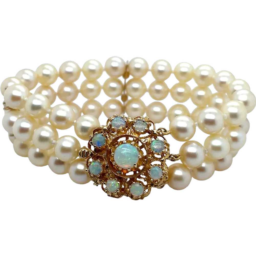 14K Yellow Gold Pearl and Opal Bracelet - image 1
