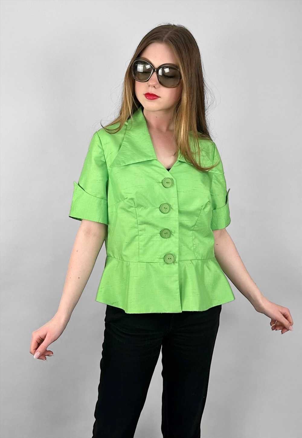 70's Vintage Bright Green Short Sleeve Dagger Col… - image 2