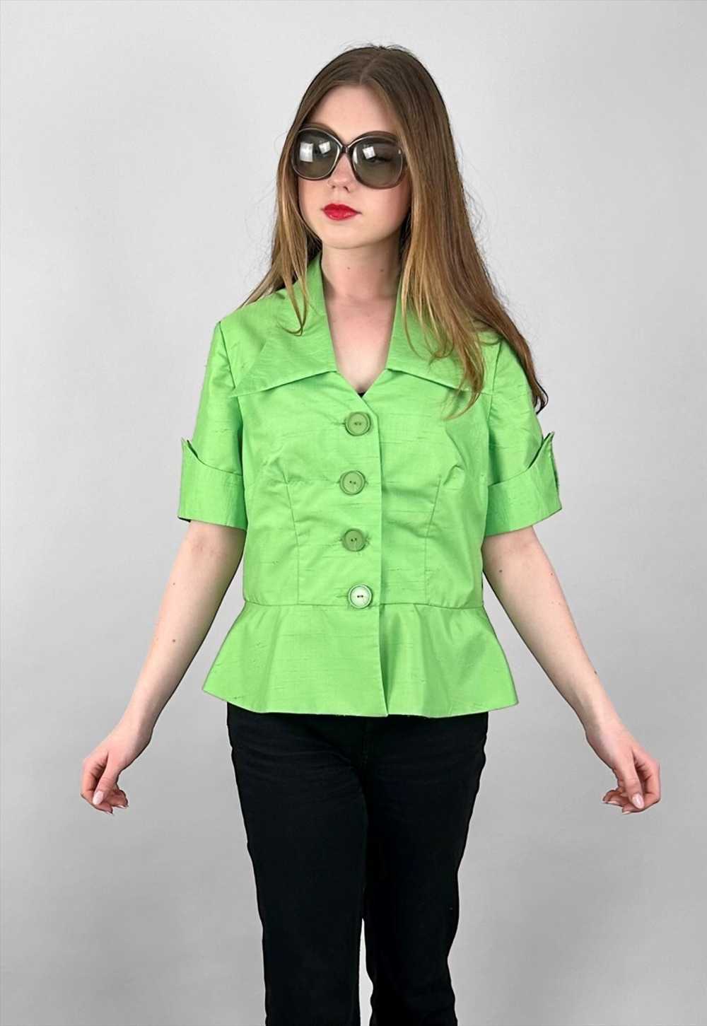 70's Vintage Bright Green Short Sleeve Dagger Col… - image 3