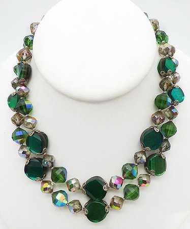 Vendome Green Glass and Crystal Bead Necklace