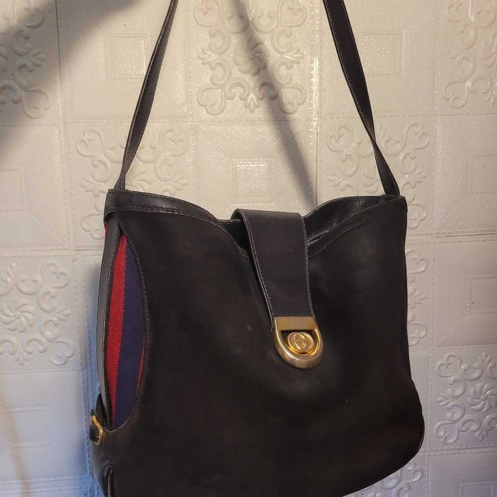 Gucci Navy Leather Suede Sherry Web Shoulder Bag … - image 1