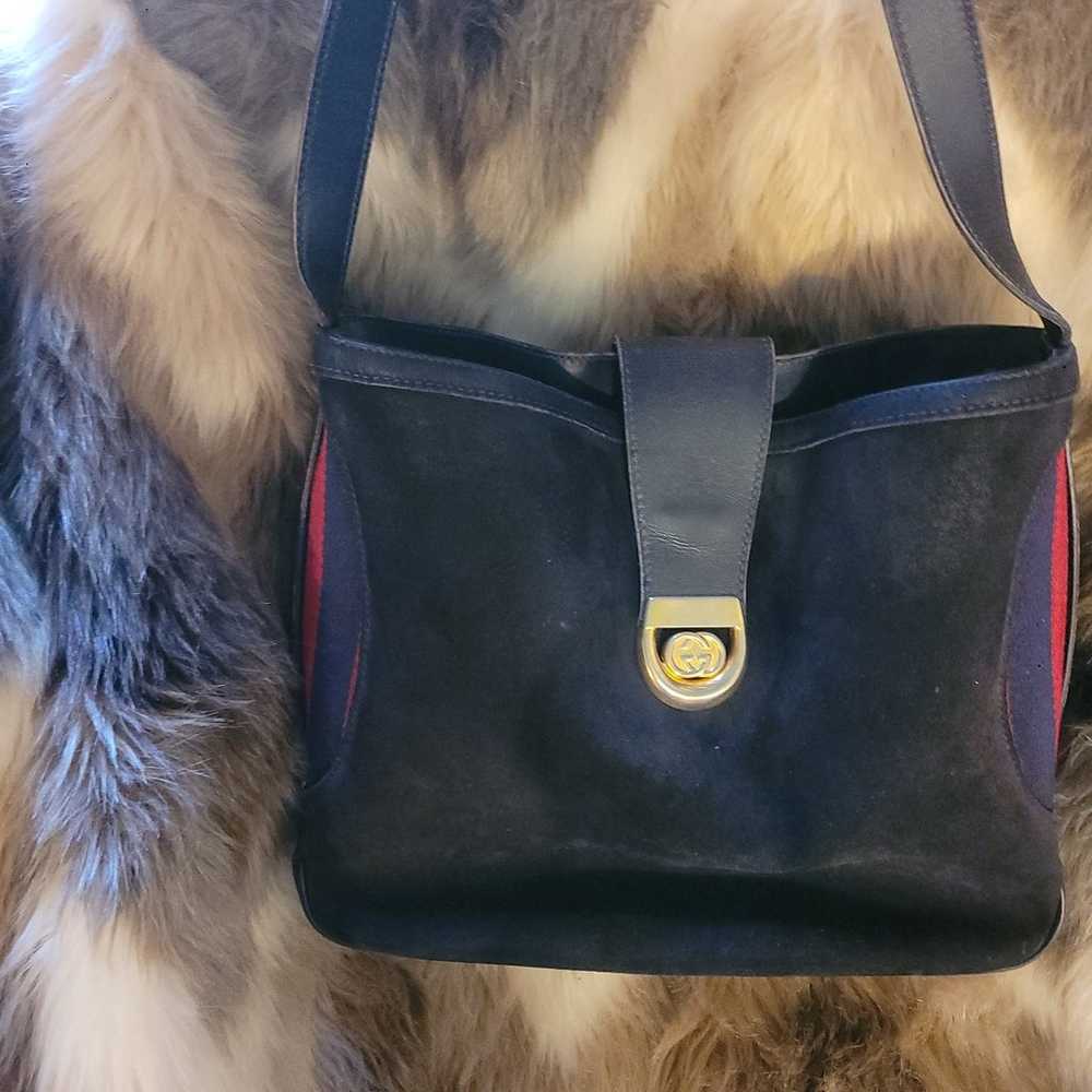 Gucci Navy Leather Suede Sherry Web Shoulder Bag … - image 2