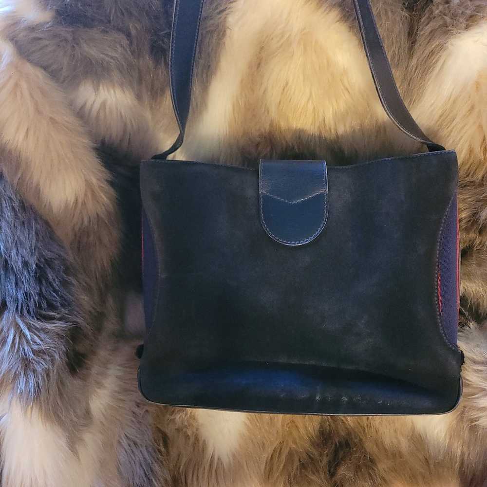 Gucci Navy Leather Suede Sherry Web Shoulder Bag … - image 3