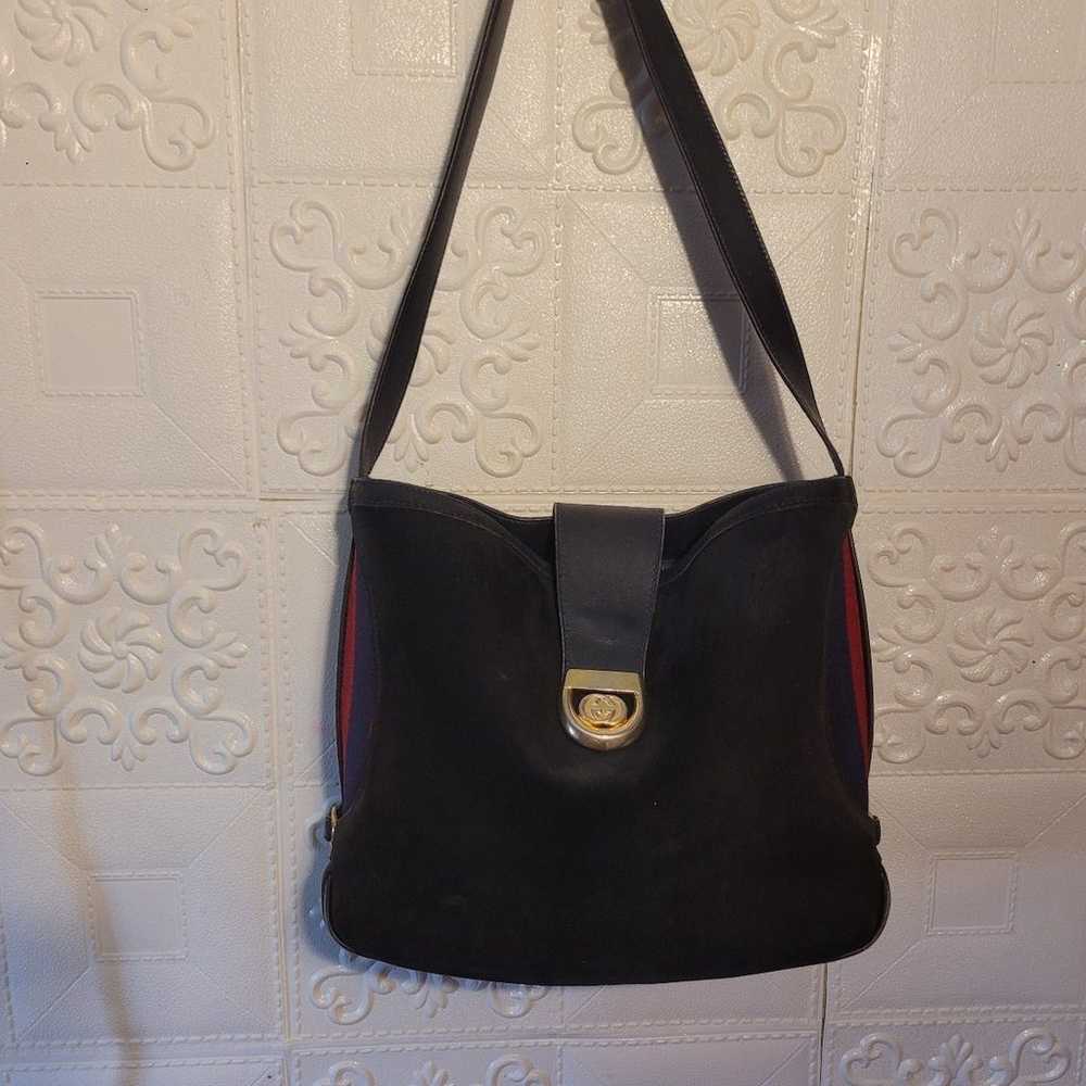 Gucci Navy Leather Suede Sherry Web Shoulder Bag … - image 7