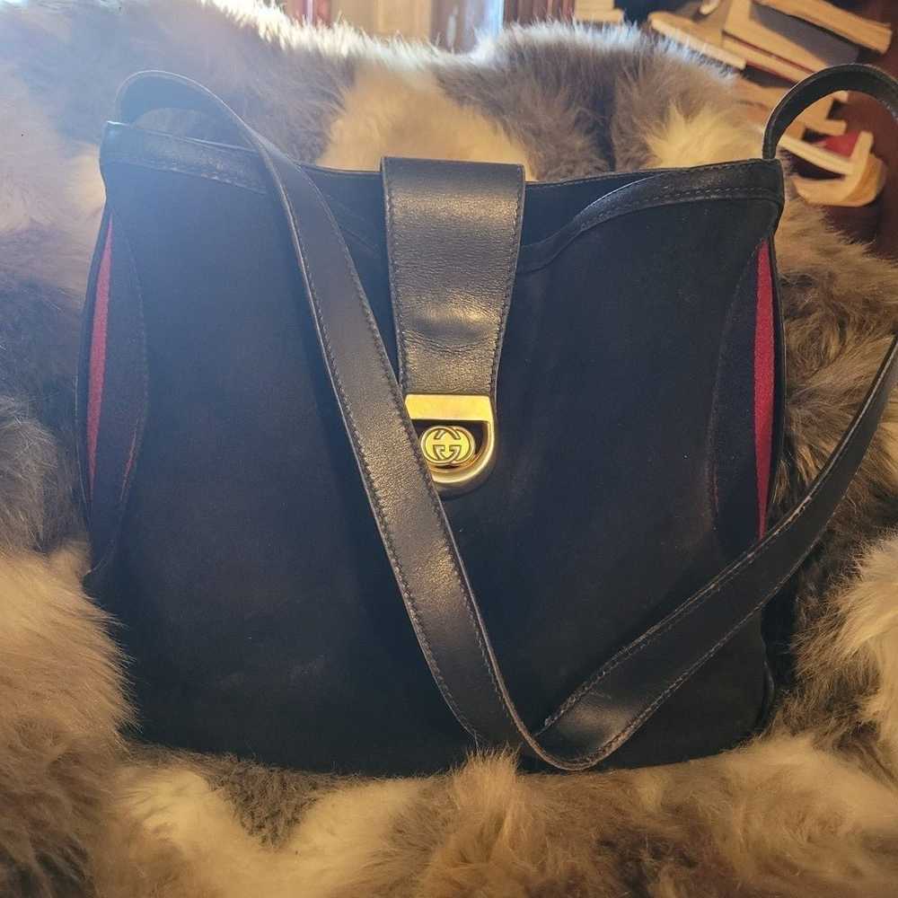 Gucci Navy Leather Suede Sherry Web Shoulder Bag … - image 9