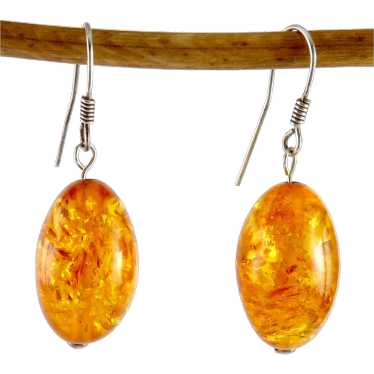 Large Oval Amber Bead Drop Earrings, Sterling Silv
