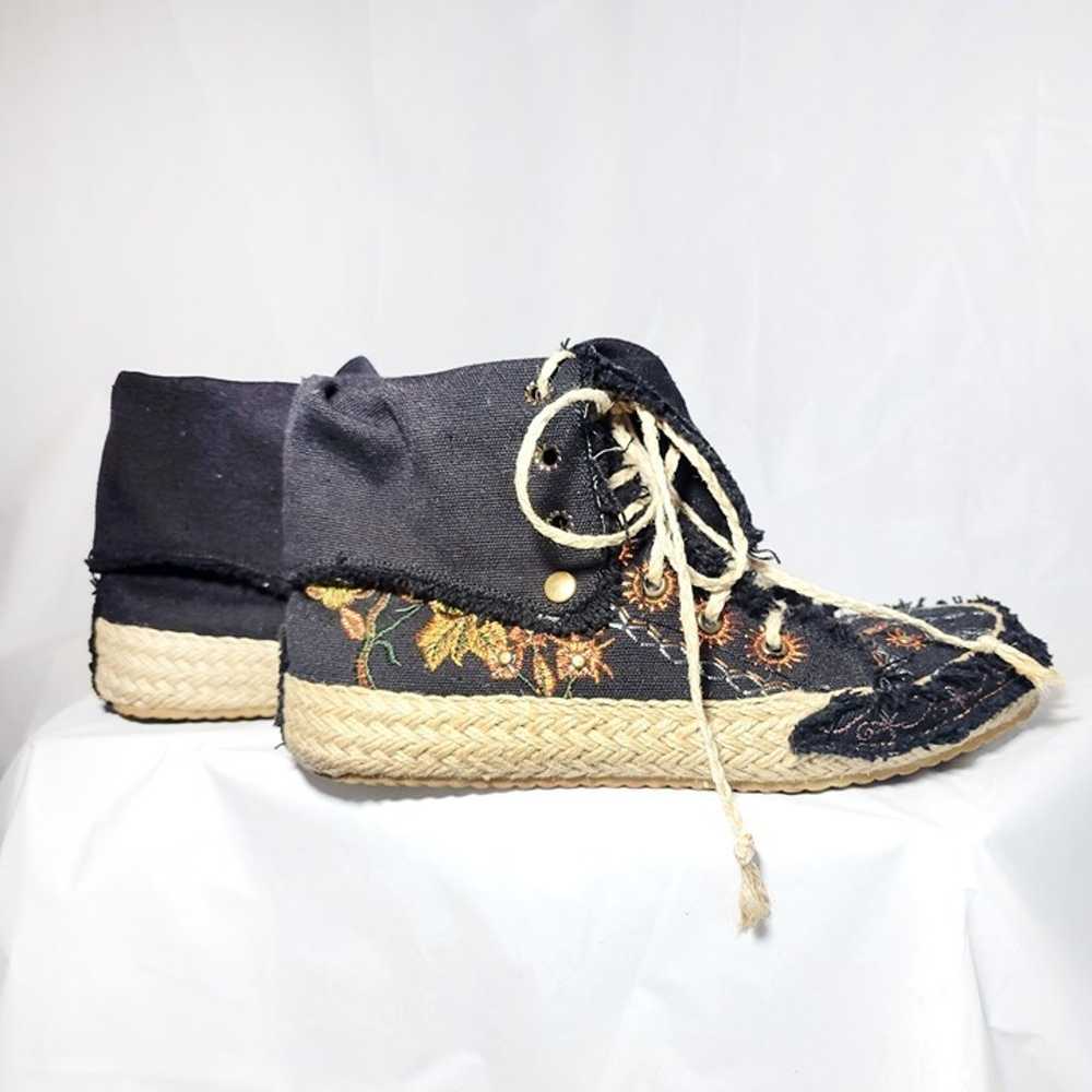 Black Canvas Embroidered Floral Laceup Twine Indi… - image 1