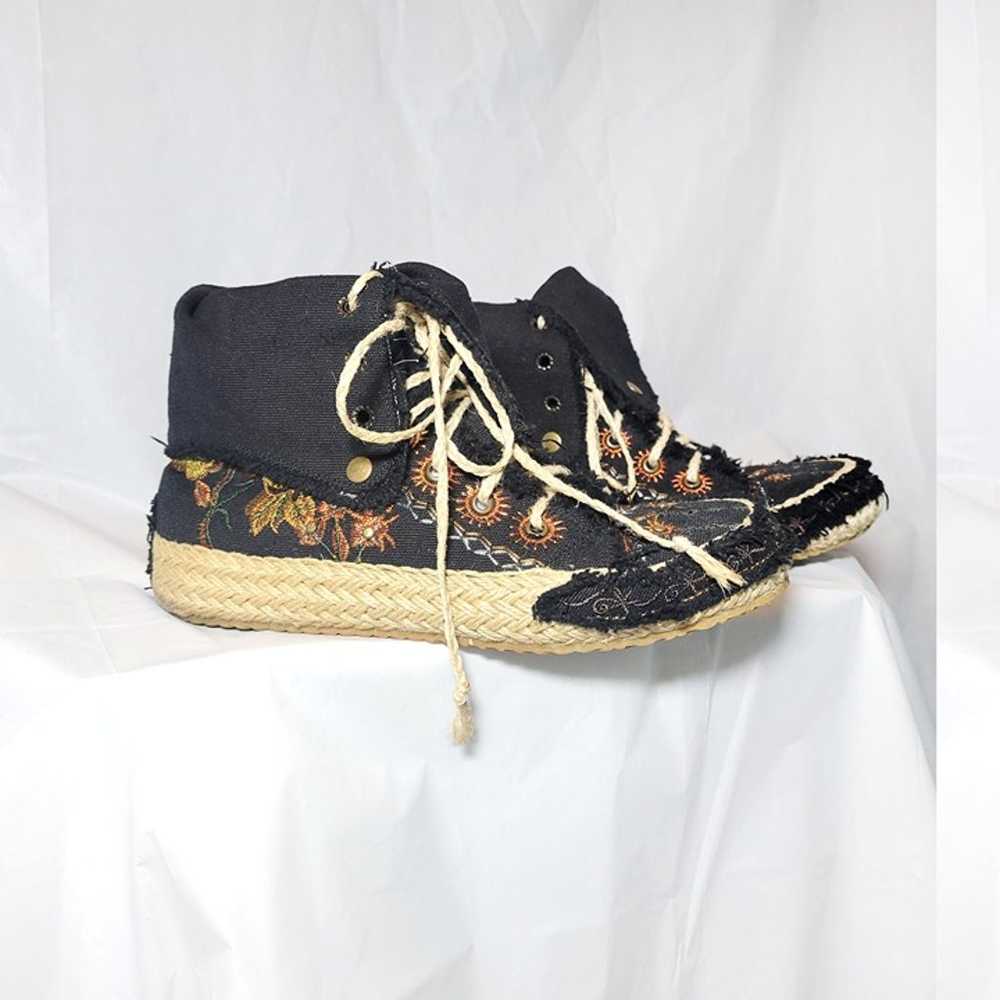 Black Canvas Embroidered Floral Laceup Twine Indi… - image 7