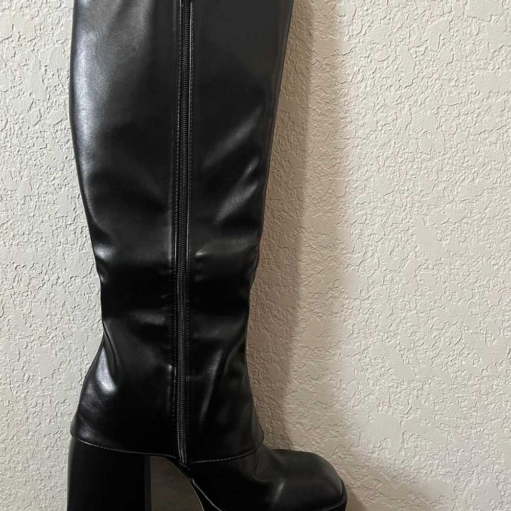EGO Square toed knee high black faux leather boot… - image 3