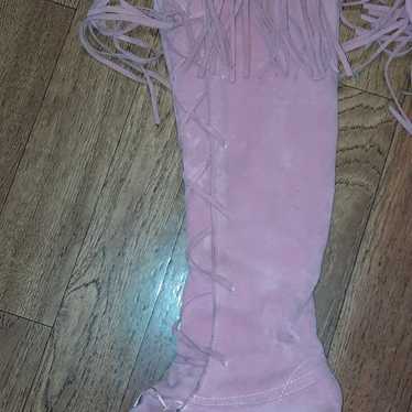 Pink suede knee-high fringe boots - image 1