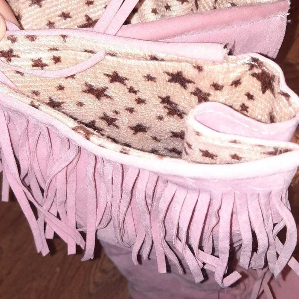 Pink suede knee-high fringe boots - image 7