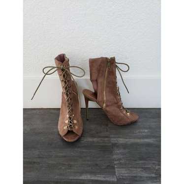 Tan Gold Classic Laced Up Heeled Boot - image 1