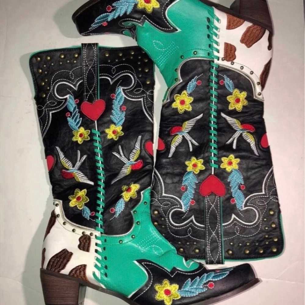 Retro Embroidered Rivet Color Block Female Boots - image 2