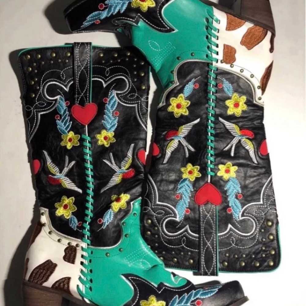Retro Embroidered Rivet Color Block Female Boots - image 8