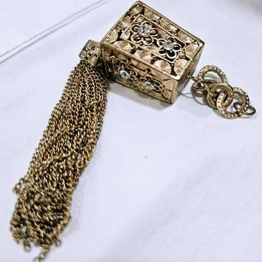 Vintage Goldtone Odd Box like Necklace Pendant wi… - image 1