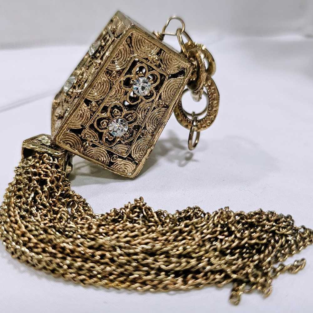 Vintage Goldtone Odd Box like Necklace Pendant wi… - image 2