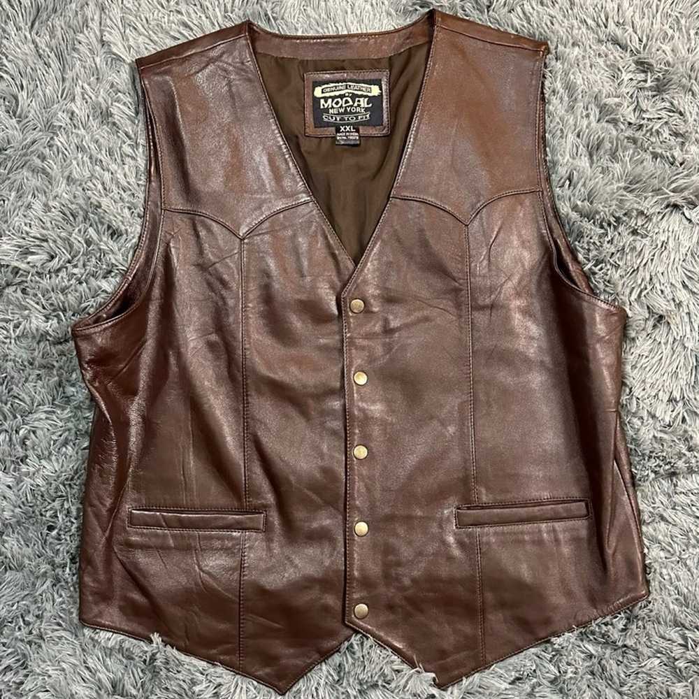 Vintage 70s Western Brown Leather Snap Vest XXL B… - image 5