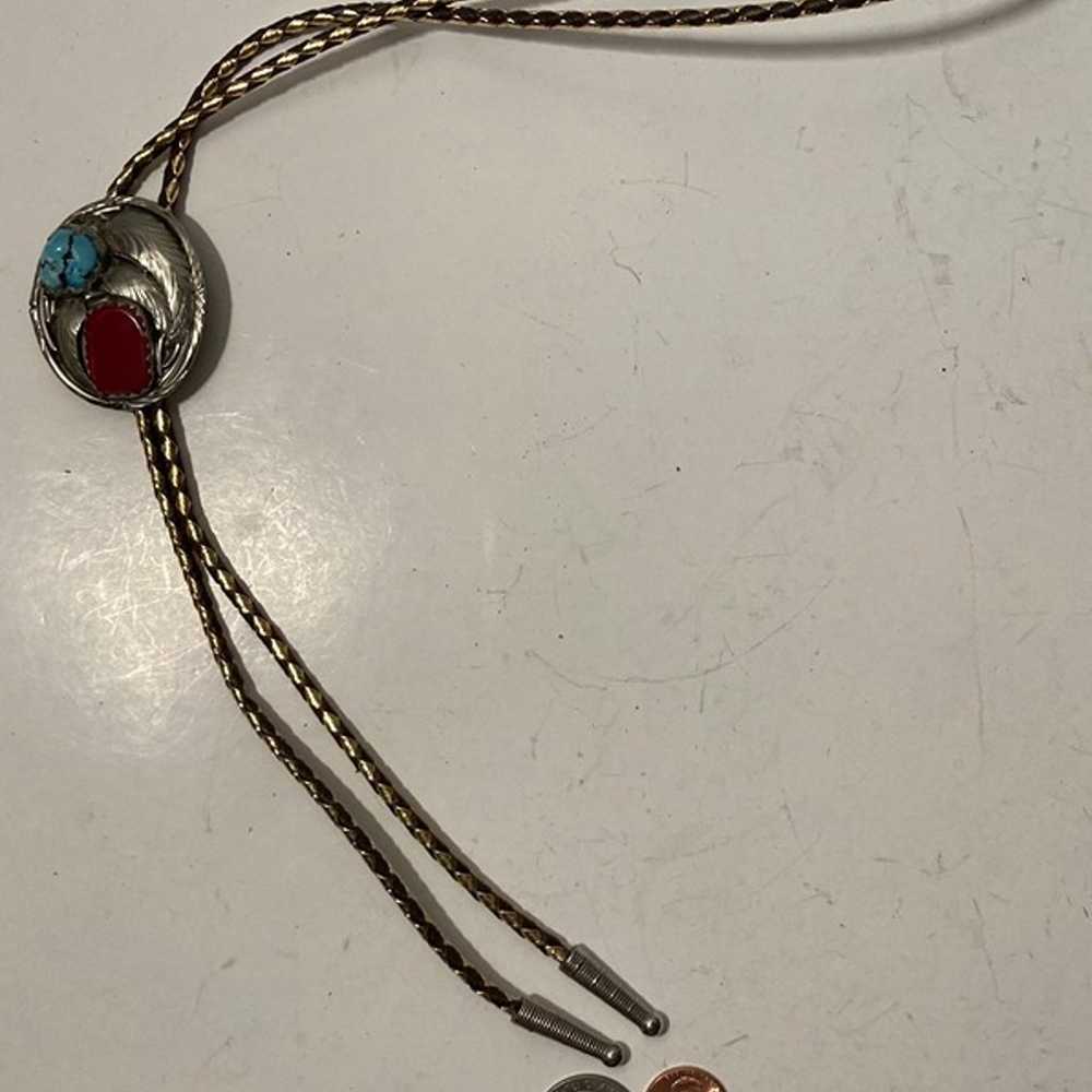 Vintage Metal Bolo Tie, Silver and Turquoise Ston… - image 4