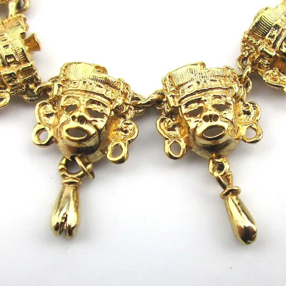 Vintage Ten Golden Aztec Men Tribal Mask Bracelet - image 2