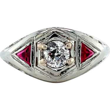 18K Filigree .30ct Diamond Ring with Synth Ruby - image 1