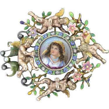 14K Neo-Classical Victorian Cherub Putti Enamel D… - image 1