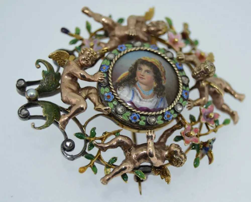 14K Neo-Classical Victorian Cherub Putti Enamel D… - image 3