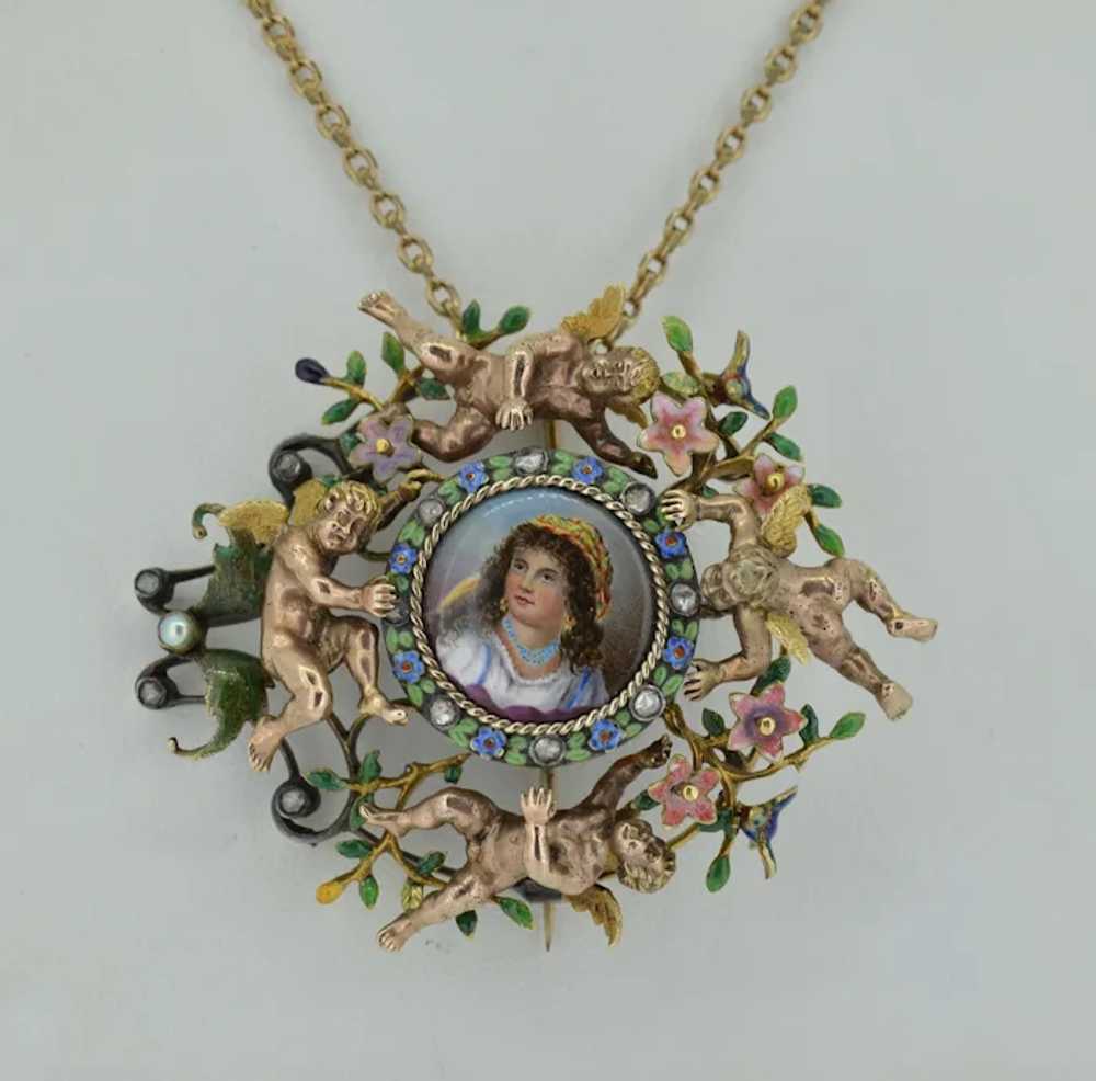 14K Neo-Classical Victorian Cherub Putti Enamel D… - image 6