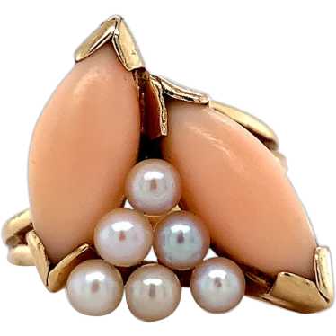 14K Gold Coral Ring with Akoya Pearls - image 1