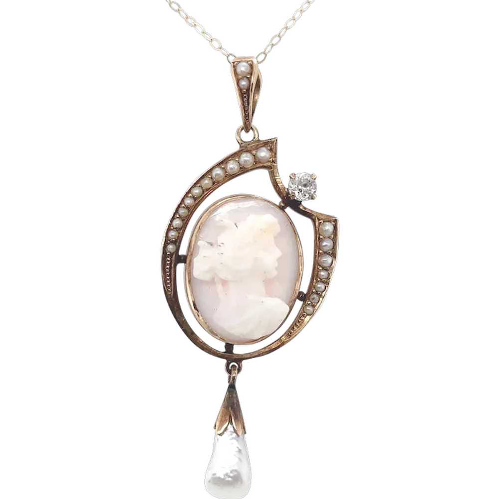 10K Angel Skin Shell Cameo & Diamond Pendant - image 1