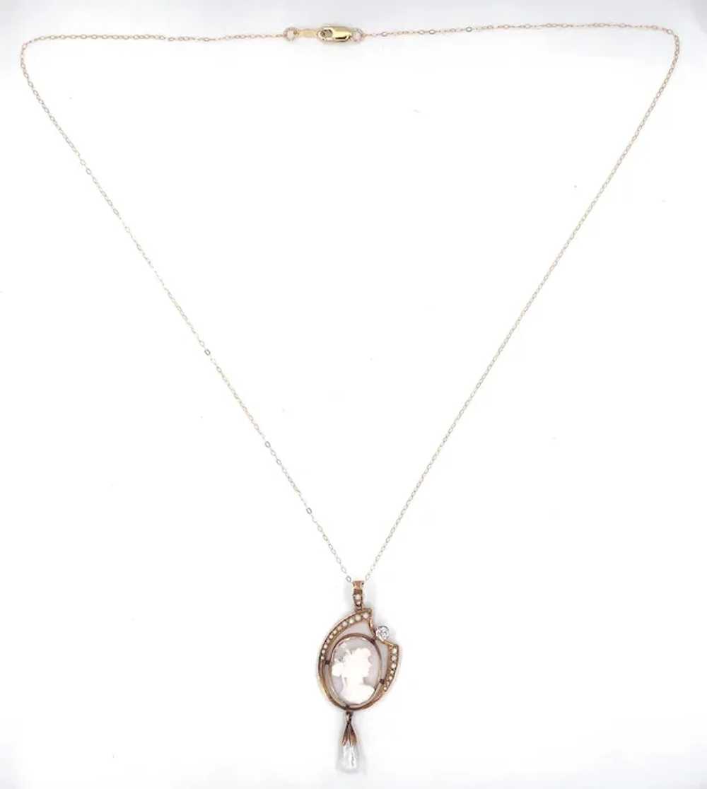 10K Angel Skin Shell Cameo & Diamond Pendant - image 4