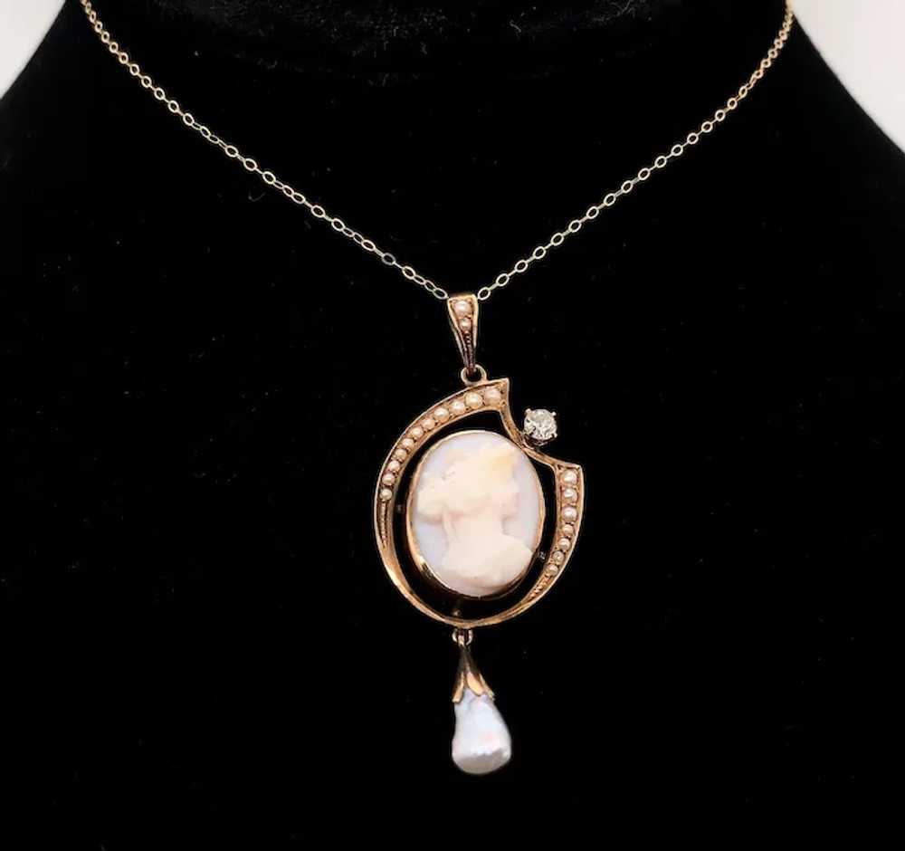 10K Angel Skin Shell Cameo & Diamond Pendant - image 5