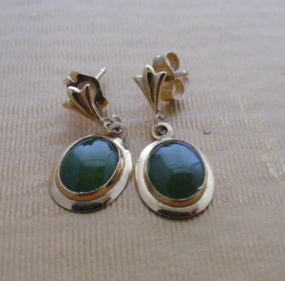 14K Yellow Gold & Jade Pierced Earrings - image 2