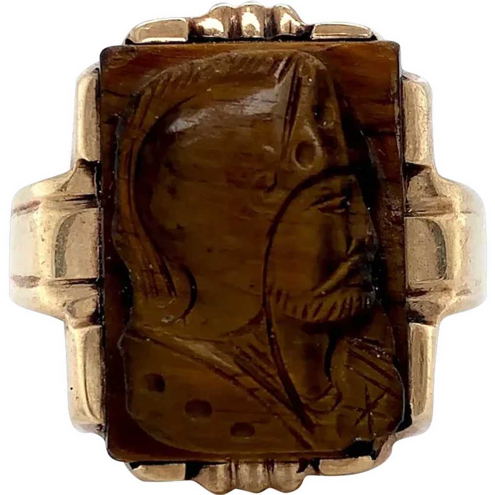 10K Tiger's Eye Quartz Cameo Men's Ring - image 1