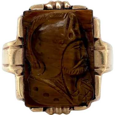 10K Tiger's Eye Quartz Cameo Men's Ring - image 1