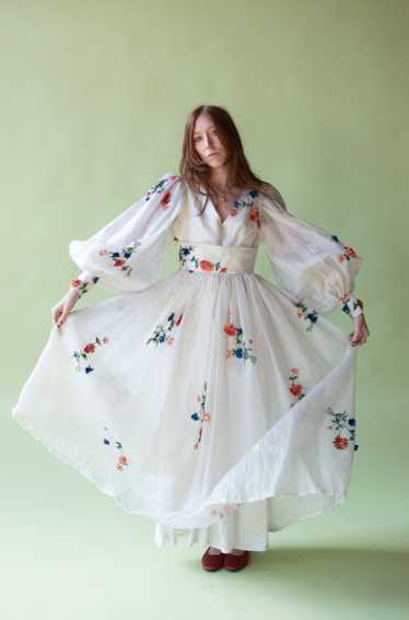 1970s Organza Gown w/ floral applique