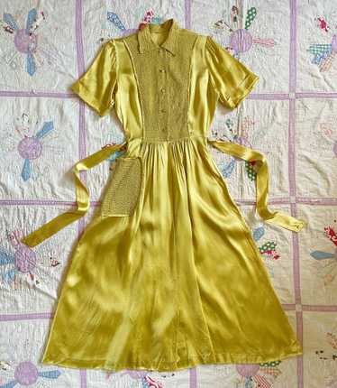 1930s Golden Yellow Slinky Satin Smocked Dressing 