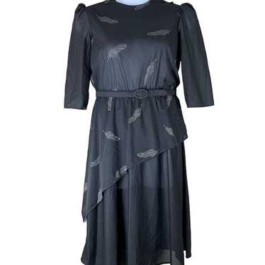 Vintage Dress Size 12 Black Silver Glitter Feathe… - image 1