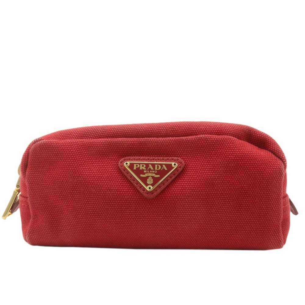 PRADA Logo Canvas Leather Pouch Cosmetic Pouch Red - image 1