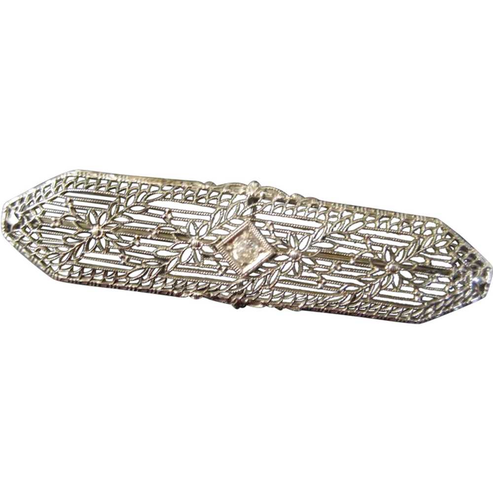 Art Deco 14K White Gold Filigree Brooch - image 1