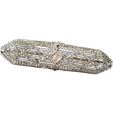Art Deco 14K White Gold Filigree Brooch - image 1