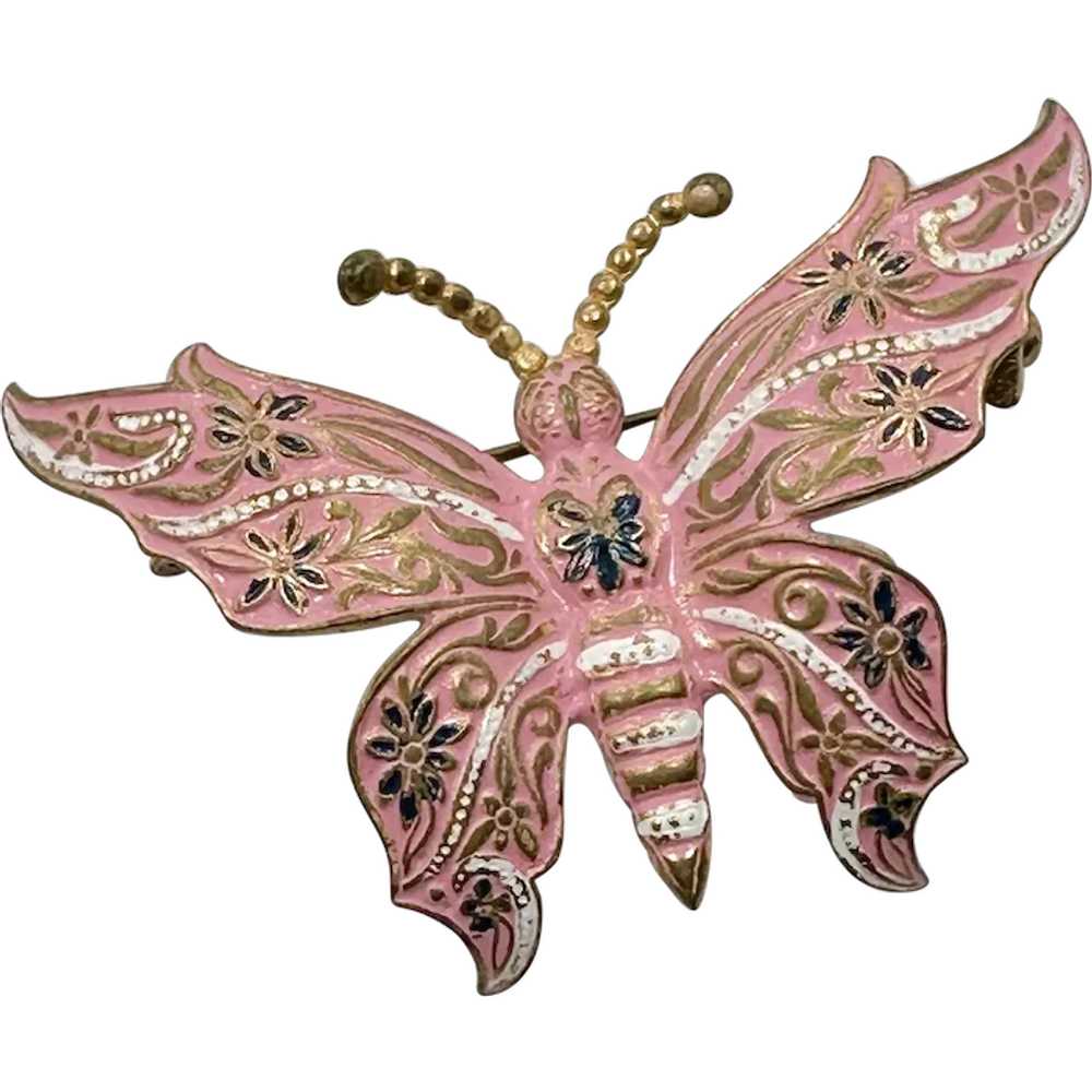 Damascene Butterfly Brooch, Pink Enamel, Gold, Wh… - image 1