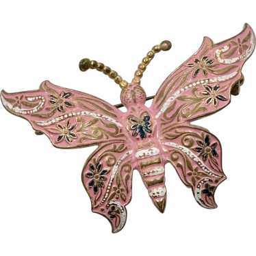 Damascene Butterfly Brooch, Pink Enamel, Gold, Wh… - image 1